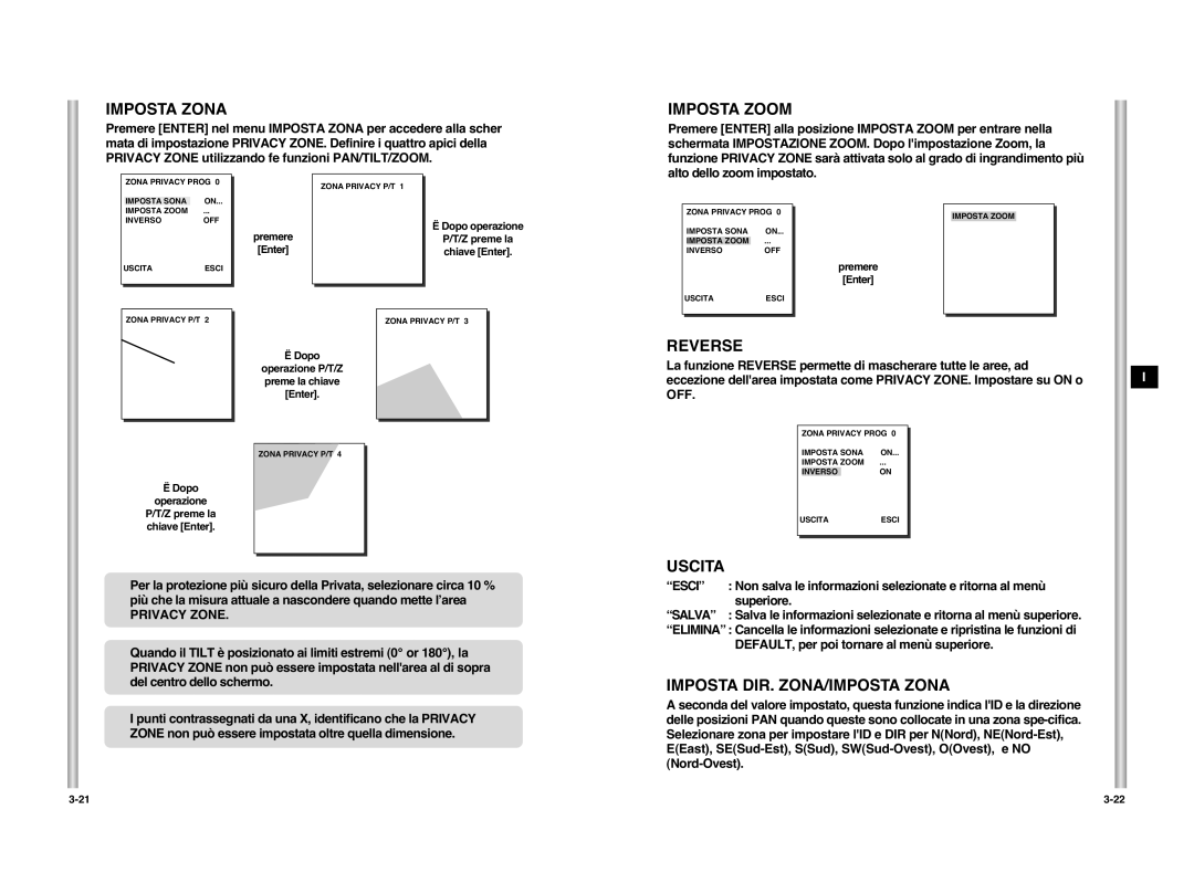 Samsung SCC-C6407P manual Imposta Zona, Imposta Zoom, Reverse, Imposta DIR. ZONA/IMPOSTA Zona 