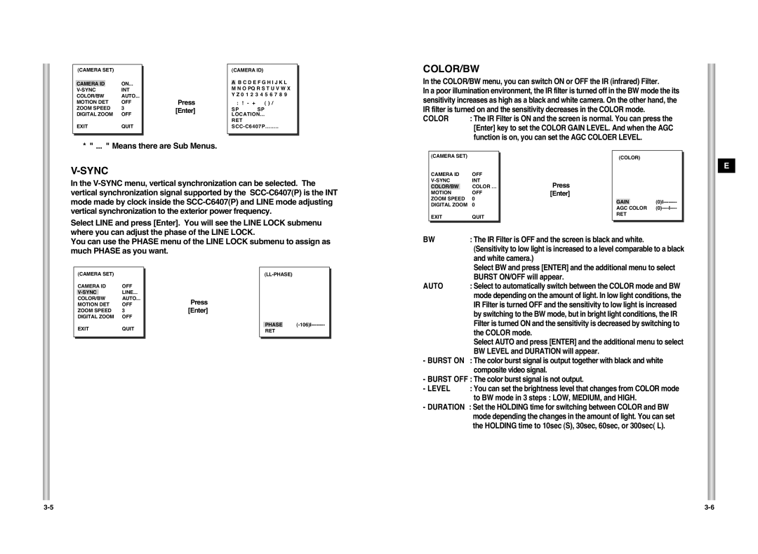 Samsung SCC-C6407P manual Color/Bw, Sync, Auto, Level 