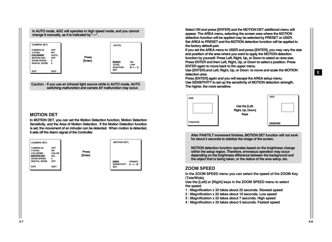 Samsung SCC-C6407P manual Motion DET, Zoom Speed 