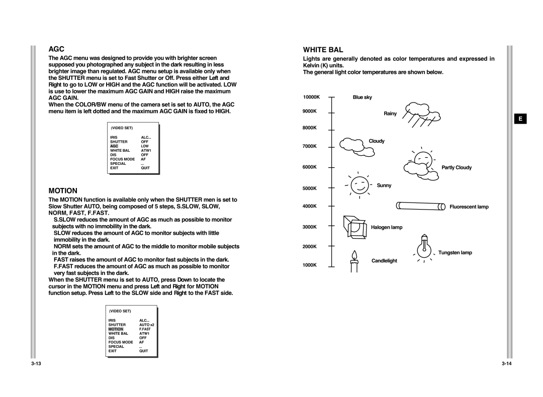 Samsung SCC-C6407P manual Agc, Motion, White BAL, AGC Gain 