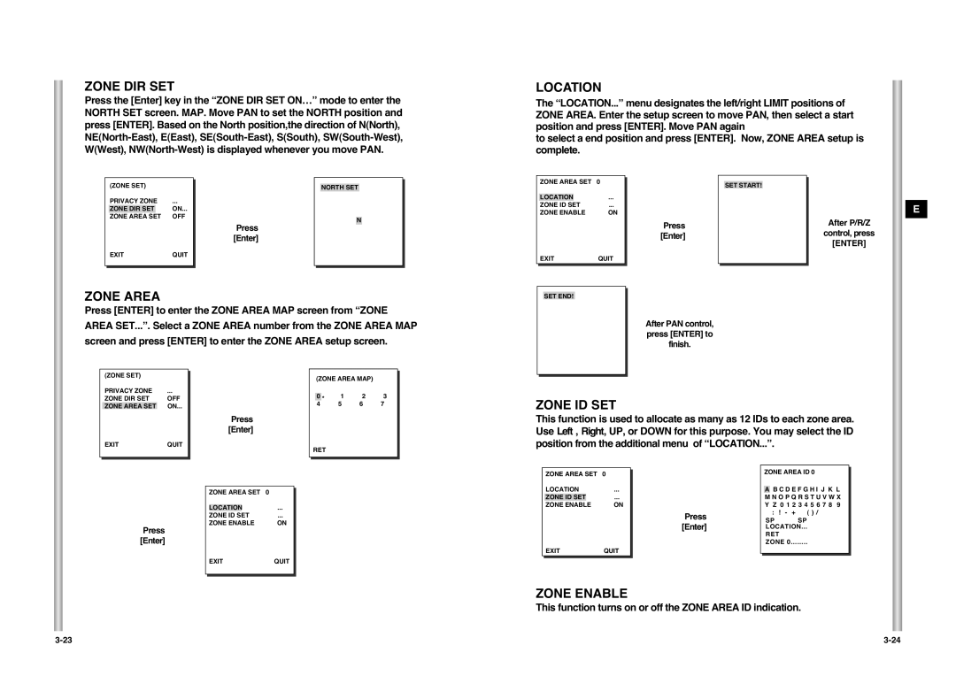 Samsung SCC-C6407P manual Zone DIR SET, Location, Zone Area, Zone ID SET, Zone Enable 