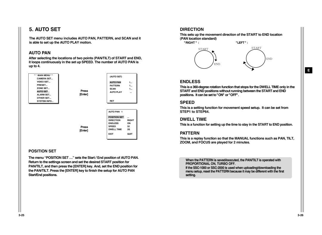 Samsung SCC-C6407P manual Auto PAN, Direction, Endless, Speed, Pattern 