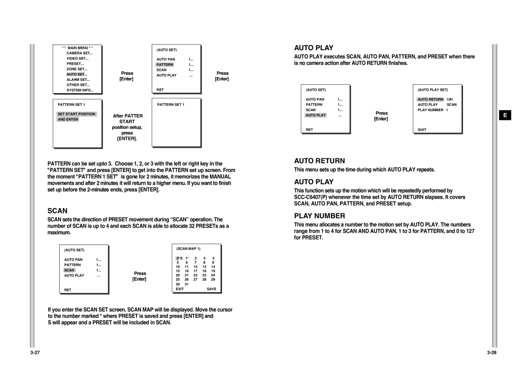 Samsung SCC-C6407P manual Auto Play, Scan, Auto Return, Play Number 