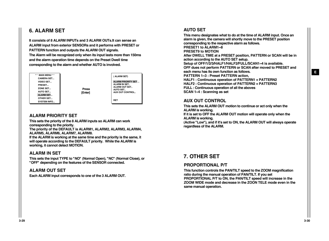 Samsung SCC-C6407P manual Auto SET, AUX OUT Control, Alarm Priority SET, Alarm in SET, Alarm OUT SET, Proportional P/T 