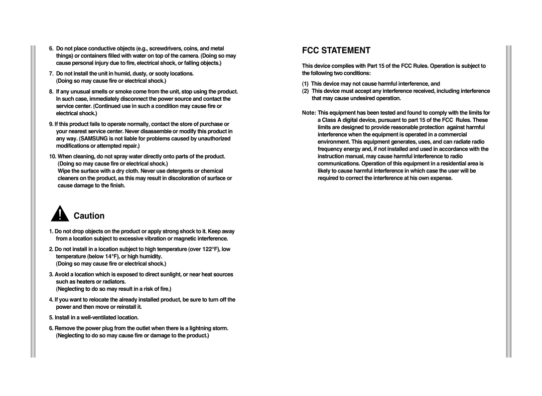 Samsung SCC-C6407P manual FCC Statement 