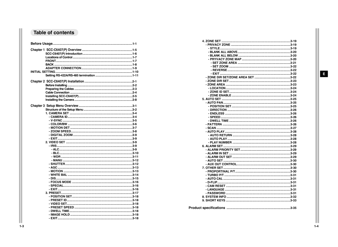 Samsung SCC-C6407P manual Table of contents 