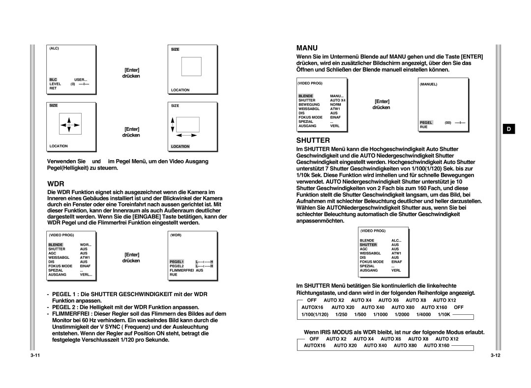 Samsung SCC-C6407P manual Manu, Shutter, Wdr 