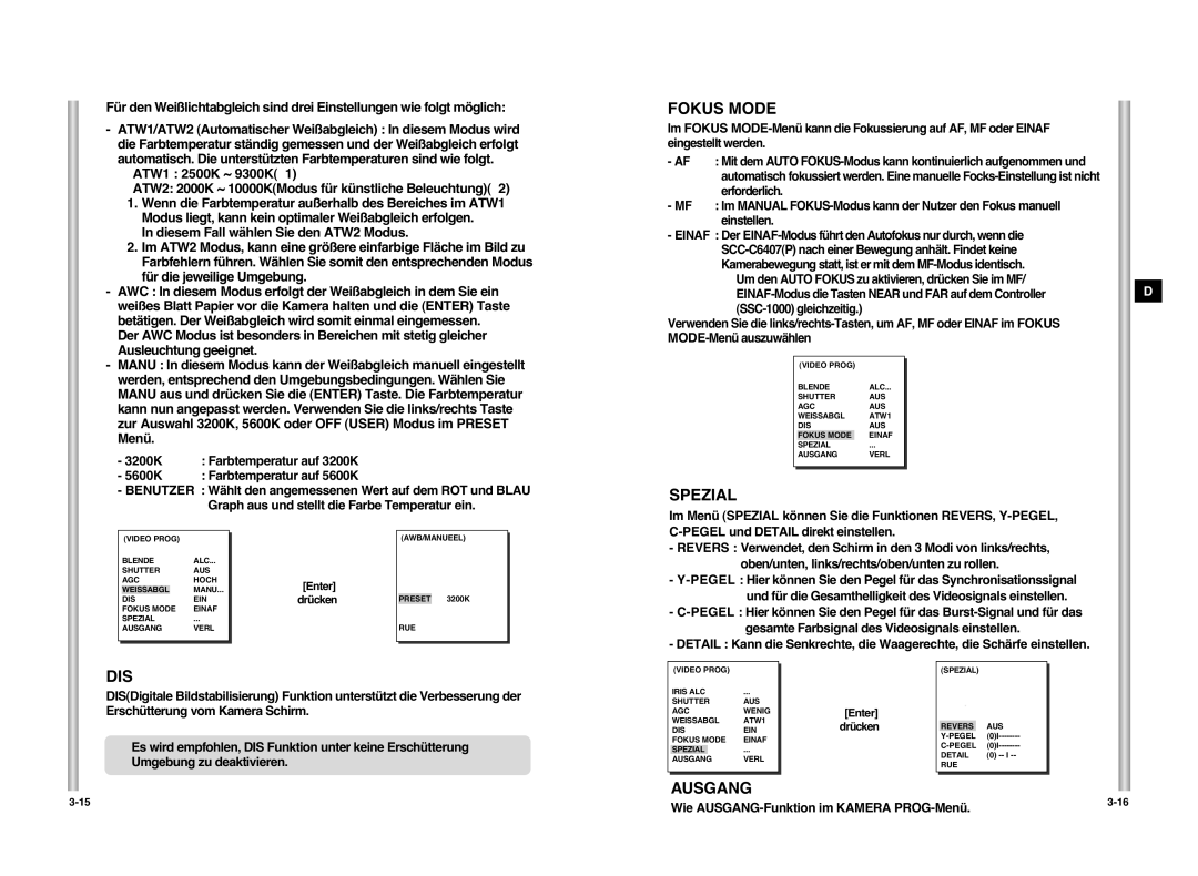 Samsung SCC-C6407P manual Fokus Mode, Spezial, Dis 