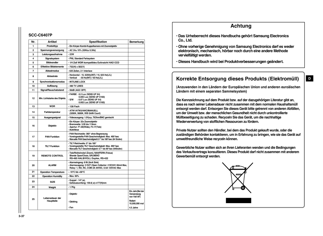 Samsung SCC-C6407P manual Korrekte Entsorgung dieses Produkts Elektromüll 