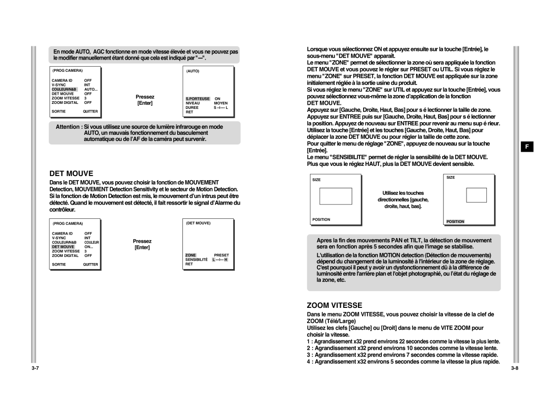 Samsung SCC-C6407P manual DET Mouve, Zoom Vitesse 