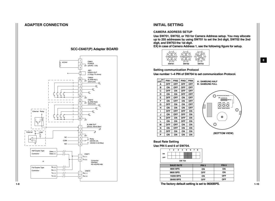 Samsung SCC-C6407P Adapter Connection Initial Setting, Camera Address Setup, Baud Rate Setting Use PIN 5 and 6 of SW704 