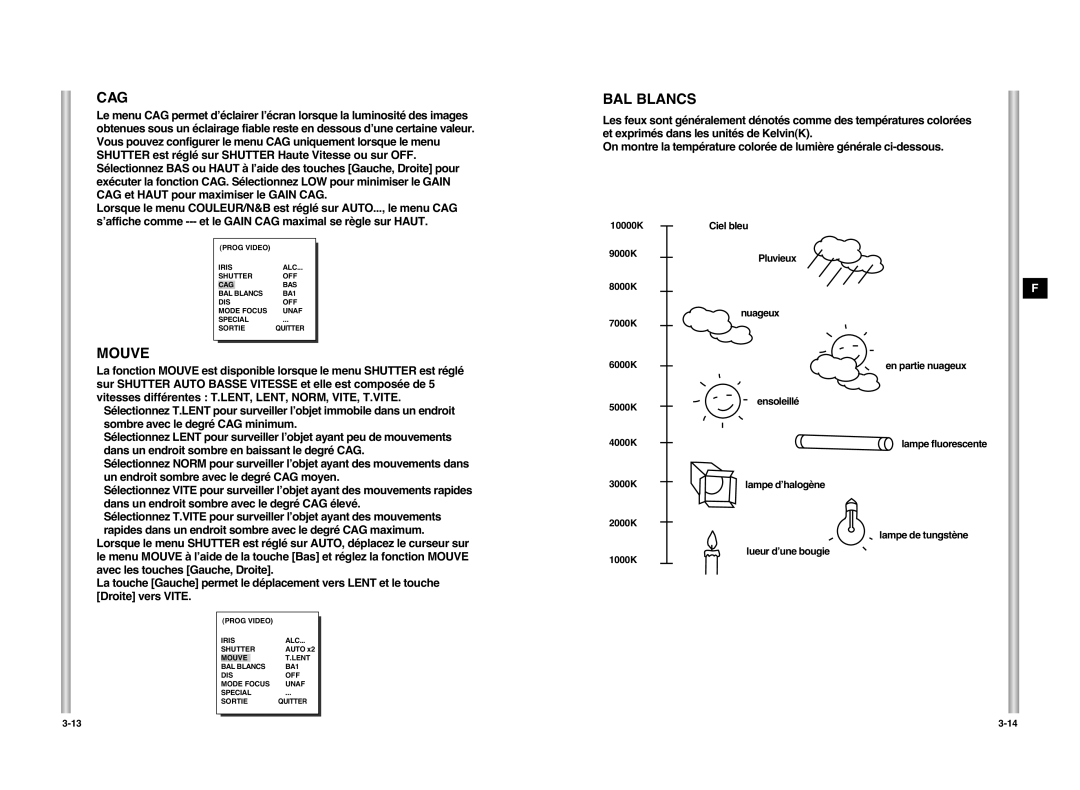 Samsung SCC-C6407P manual Cag, Mouve, BAL Blancs 