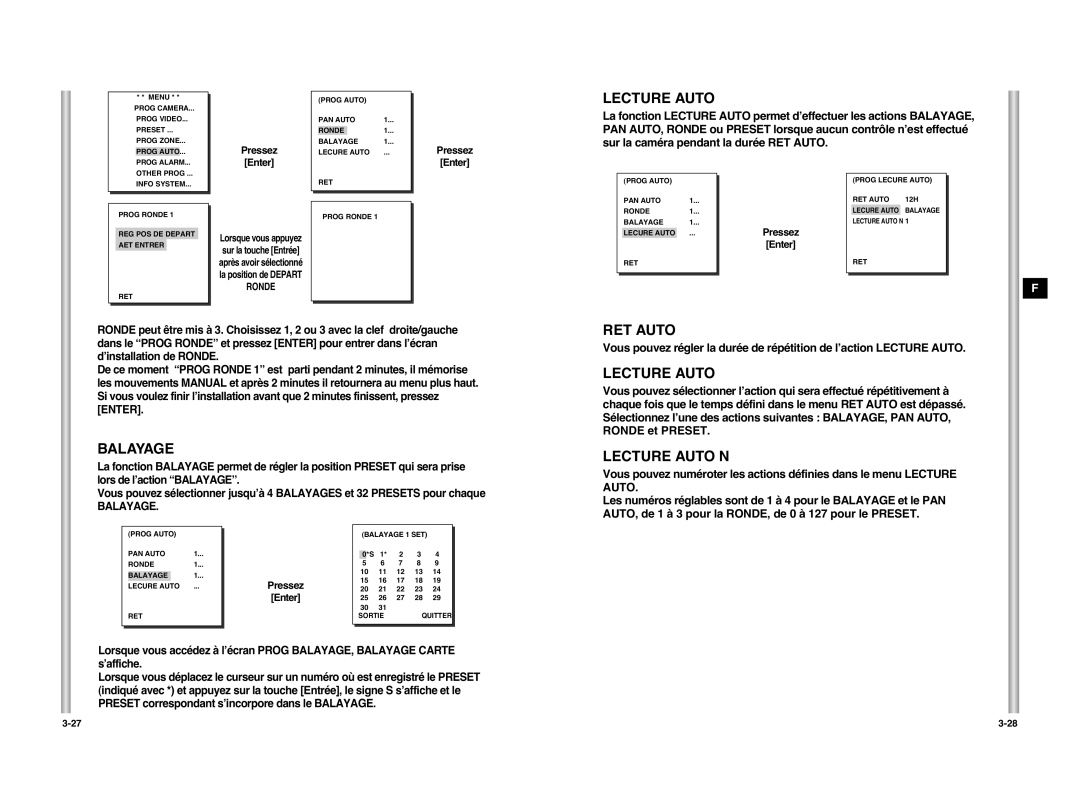 Samsung SCC-C6407P manual Balayage, RET Auto, Lecture Auto N 