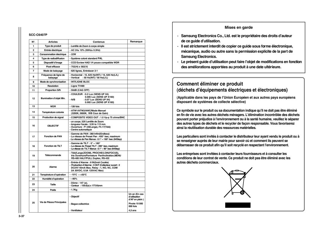 Samsung SCC-C6407P manual Mises en garde 