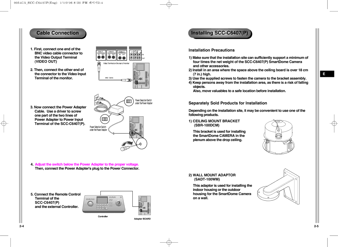 Samsung SCC-C6407(P) instruction manual Ceiling Mount Bracket SBR-100DCM, Wall Mount Adaptor SADT-100WM 