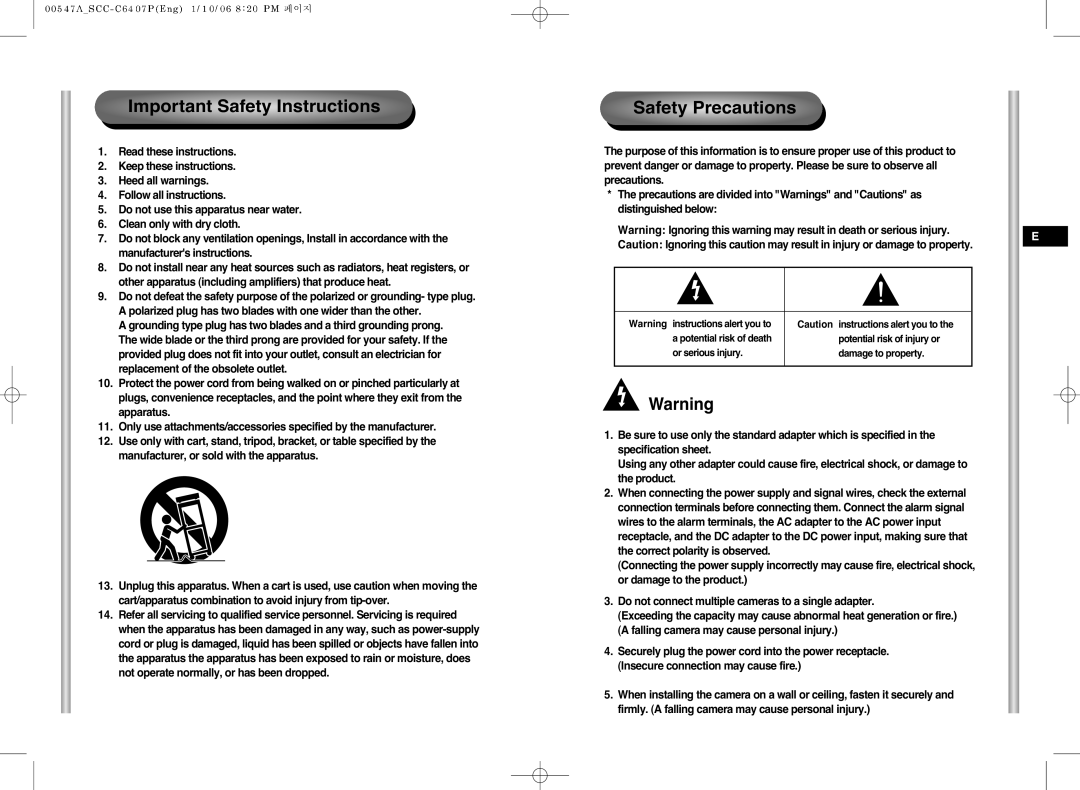 Samsung SCC-C6407(P) instruction manual Important Safety Instructions, Safety Precautions 