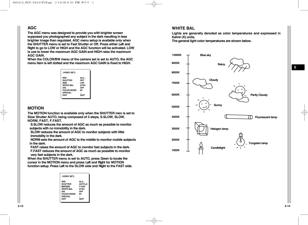 Samsung SCC-C6407(P) instruction manual Agc, Motion, White BAL, AGC Gain 