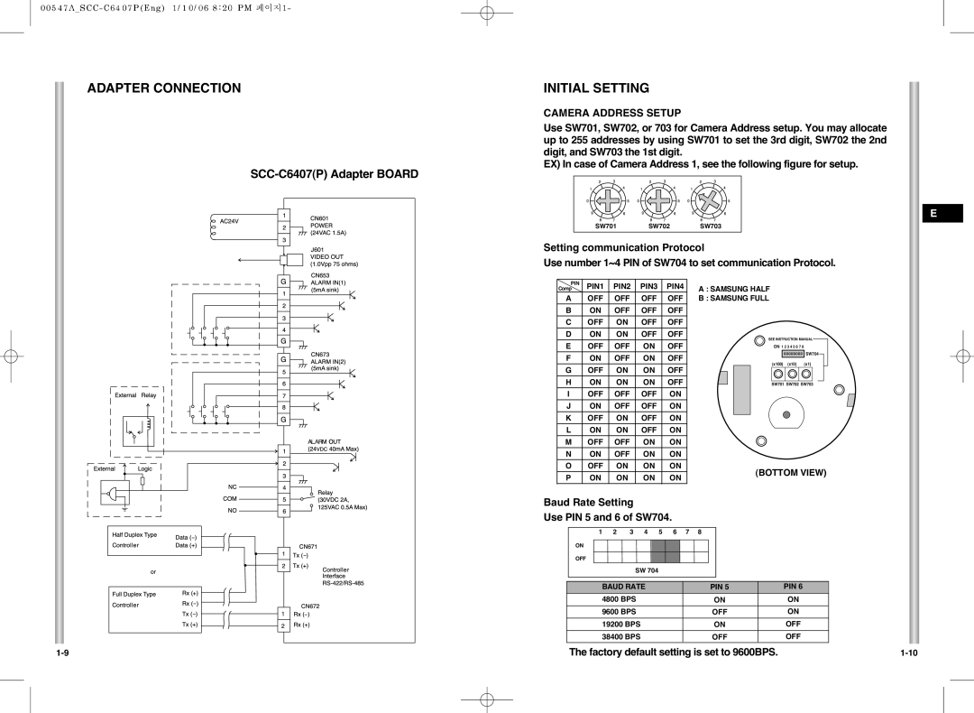 Samsung SCC-C6407(P) instruction manual Adapter Connection Initial Setting, Camera Address Setup 