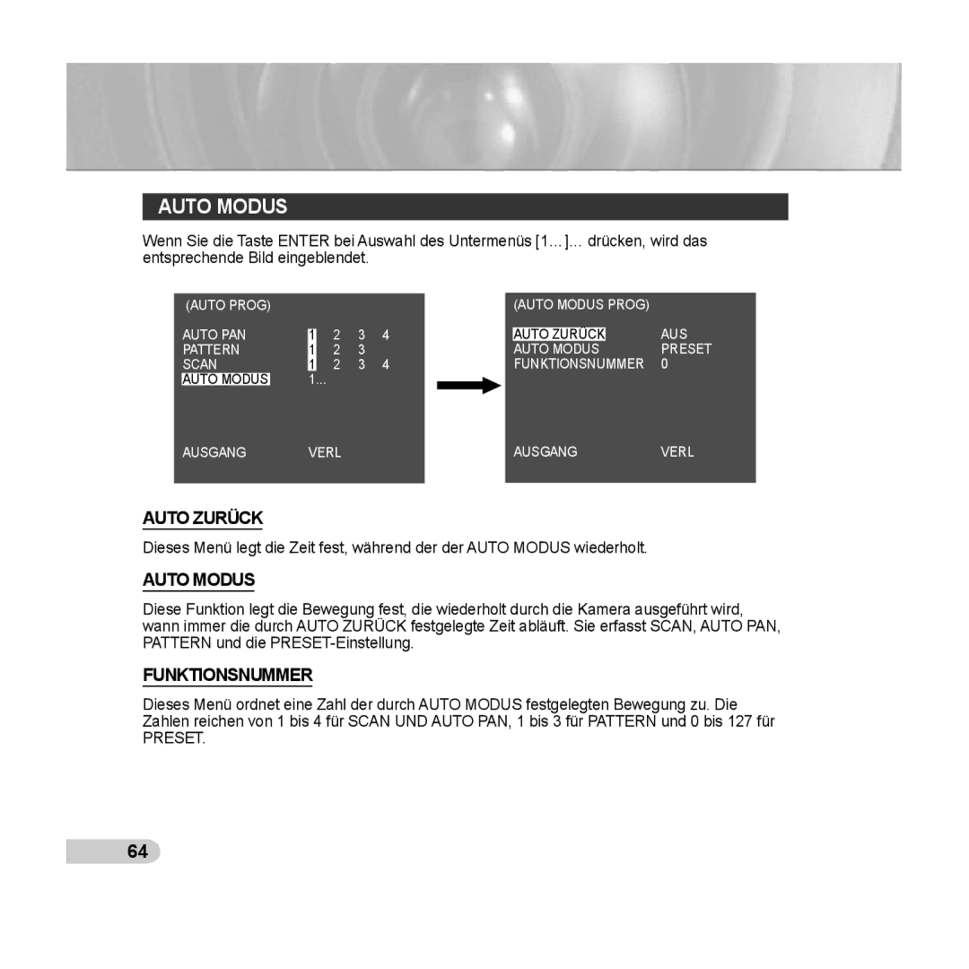 Samsung SCC-C6433P, SCC-C6435P manual Auto Modus, Auto Zurück, Funktionsnummer 