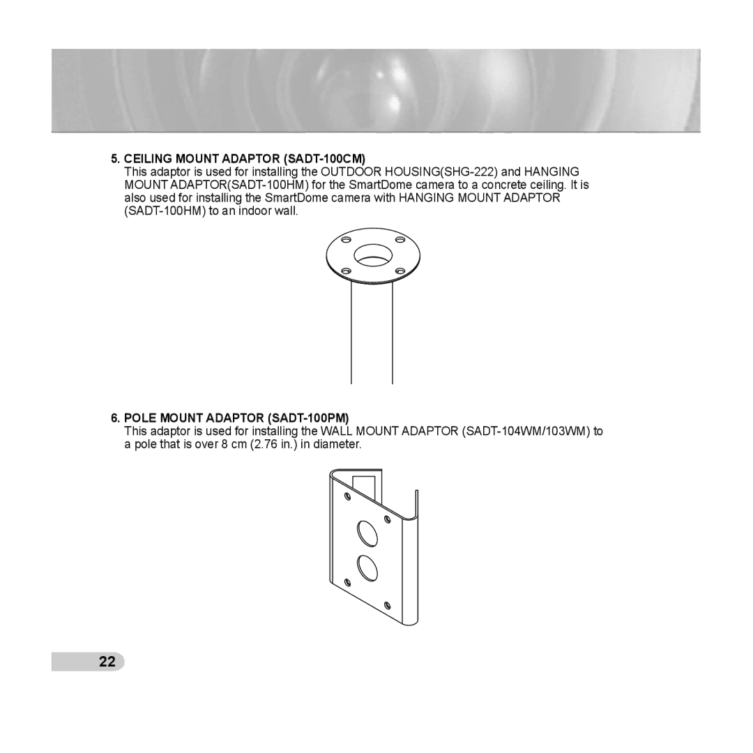 Samsung SCC-C6433P, SCC-C6435P manual Ceiling Mount Adaptor SADT-100CM, Pole Mount Adaptor SADT-100PM 