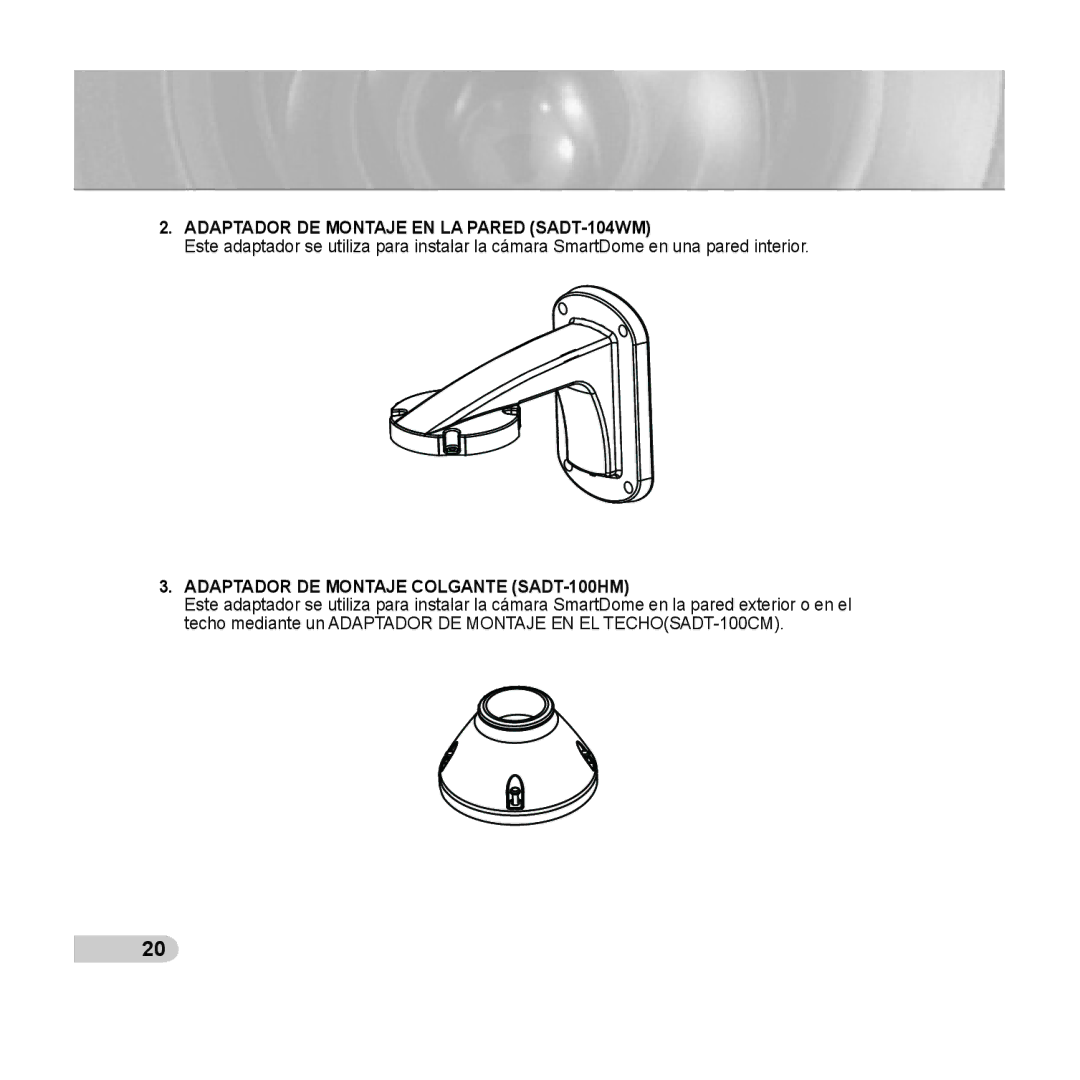 Samsung SCC-C6433P, SCC-C6435P manual Adaptador DE Montaje EN LA Pared SADT-104WM, Adaptador DE Montaje Colgante SADT-100HM 