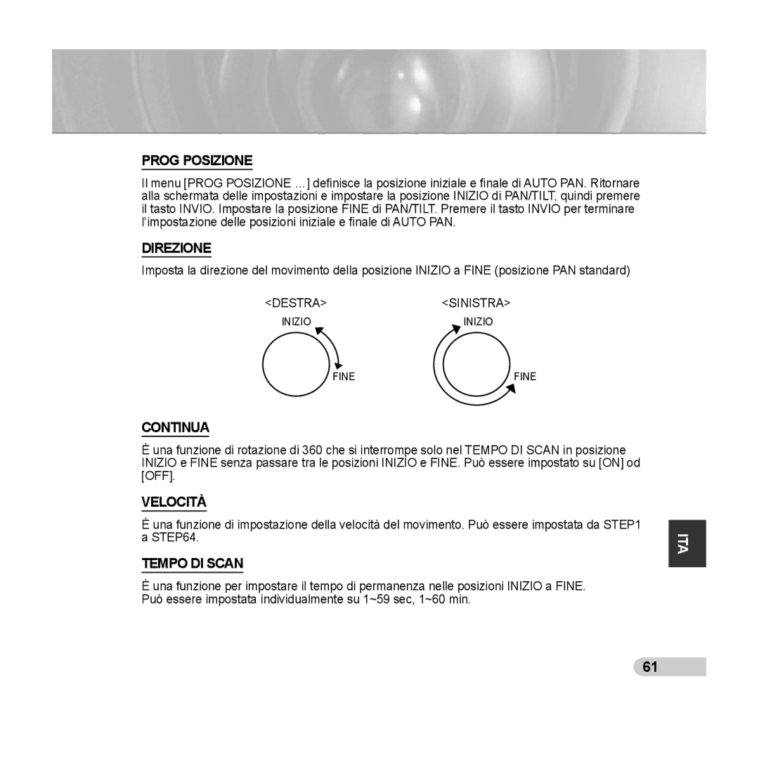 Samsung SCC-C6435P, SCC-C6433P manual Direzione, Continua, Velocità 