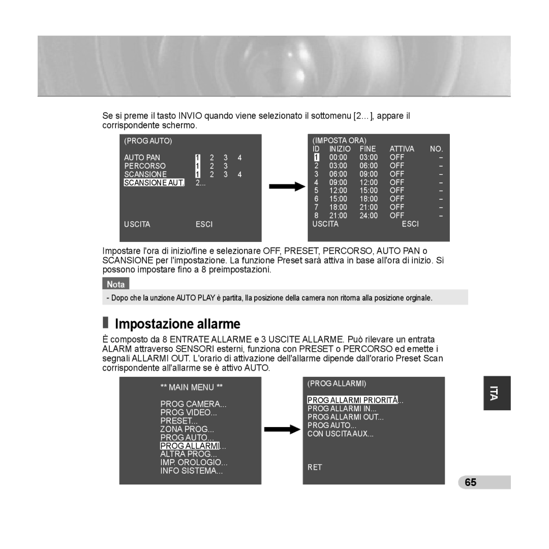 Samsung SCC-C6435P, SCC-C6433P manual Impostazione allarme 