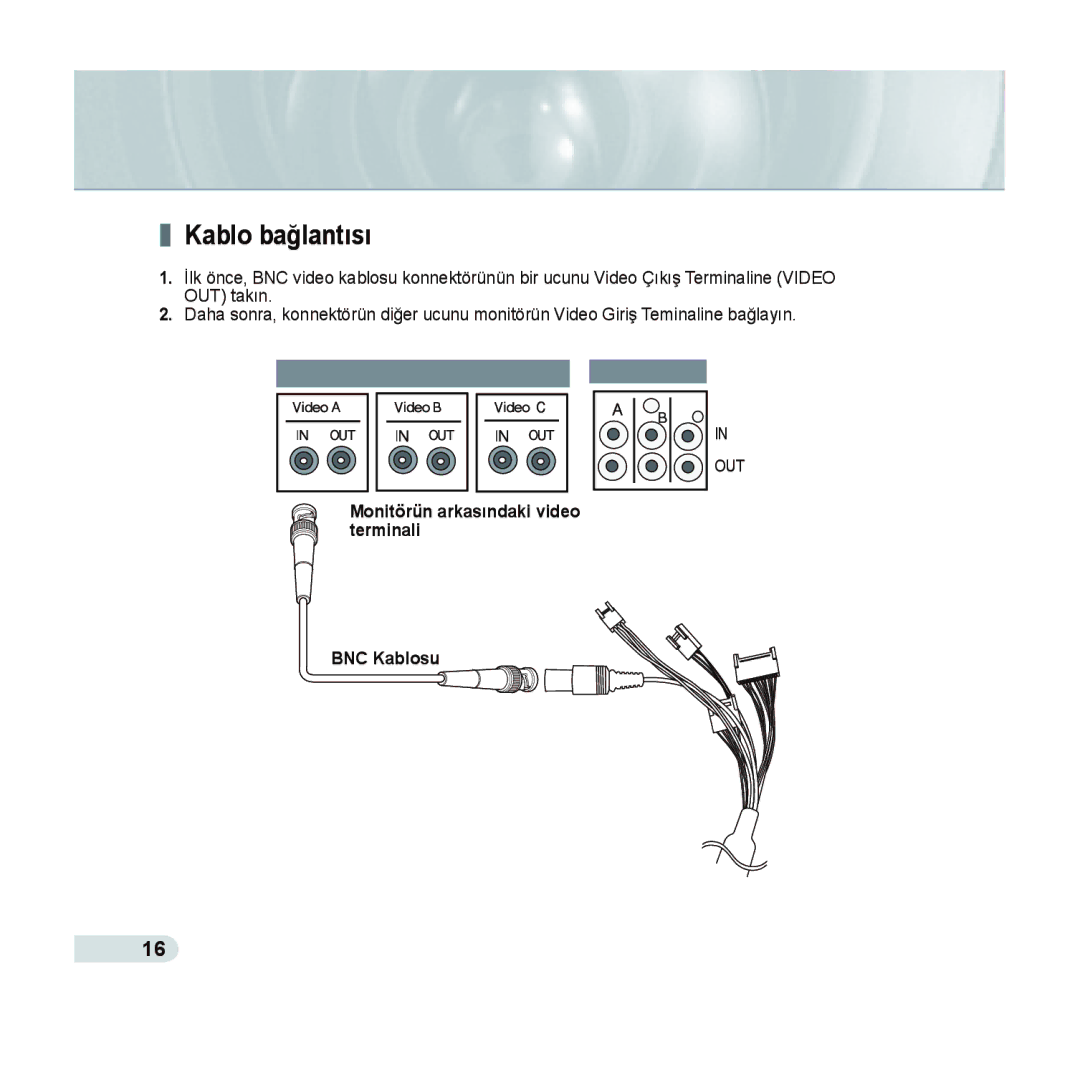 Samsung SCC-C6433P, SCC-C6435P manual Kablo bağlantısı, Monitörün arkasındaki video terminali BNC Kablosu 