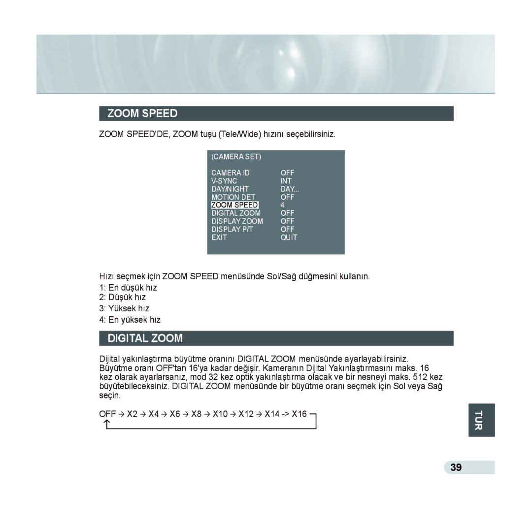 Samsung SCC-C6435P, SCC-C6433P manual Zoom SPEEDDE, Zoom tuşu Tele/Wide hızını seçebilirsiniz 