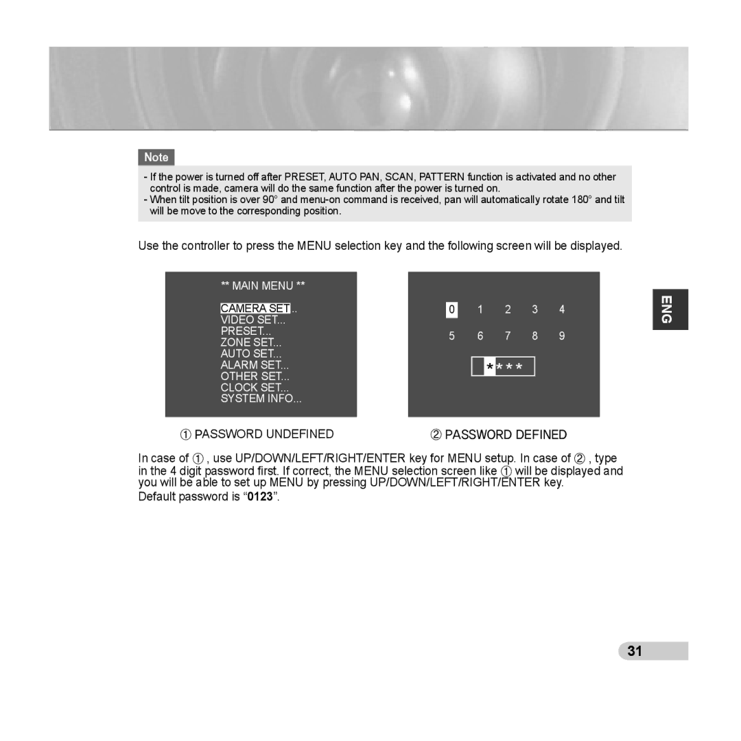 Samsung SCC-C6435P, SCC-C6433P manual ① Password Undefined ② Password Defined 