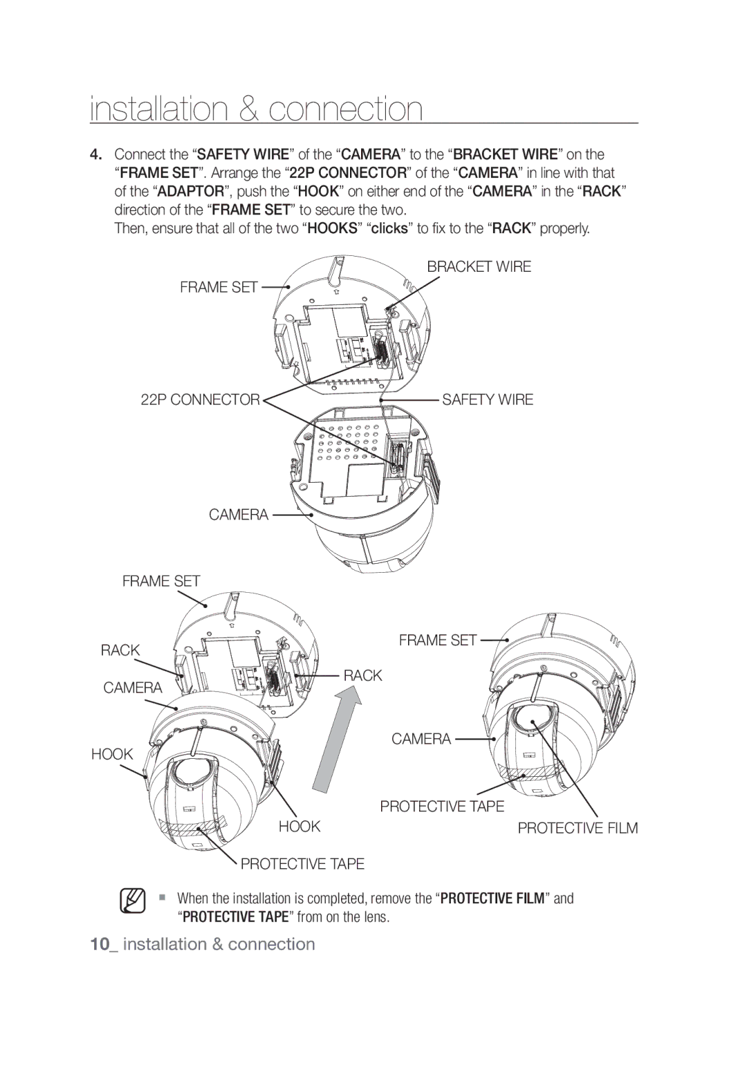 Samsung SCC-C6439P, SCC-C6439N manual Installation & connection, Rack Hook Camera, Protective Tape from on the lens 