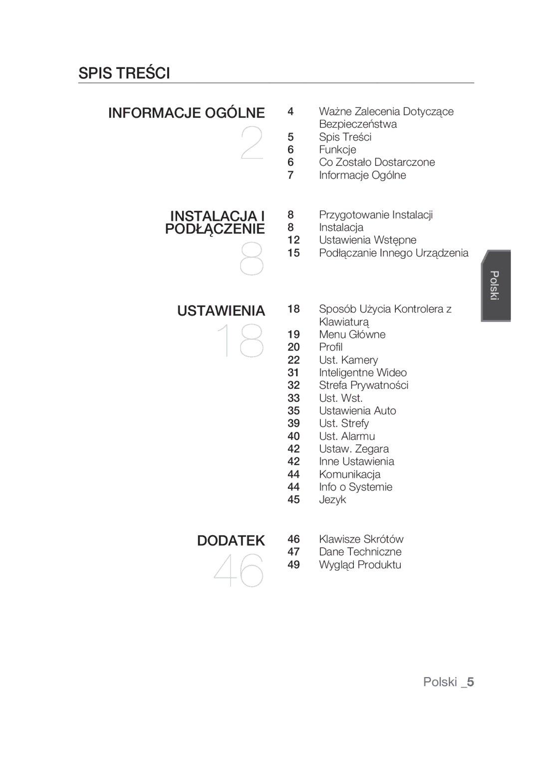 Samsung SCC-C6439N, SCC-C6439P manual Spis treści, Klawisze Skrótów, Dane Techniczne 