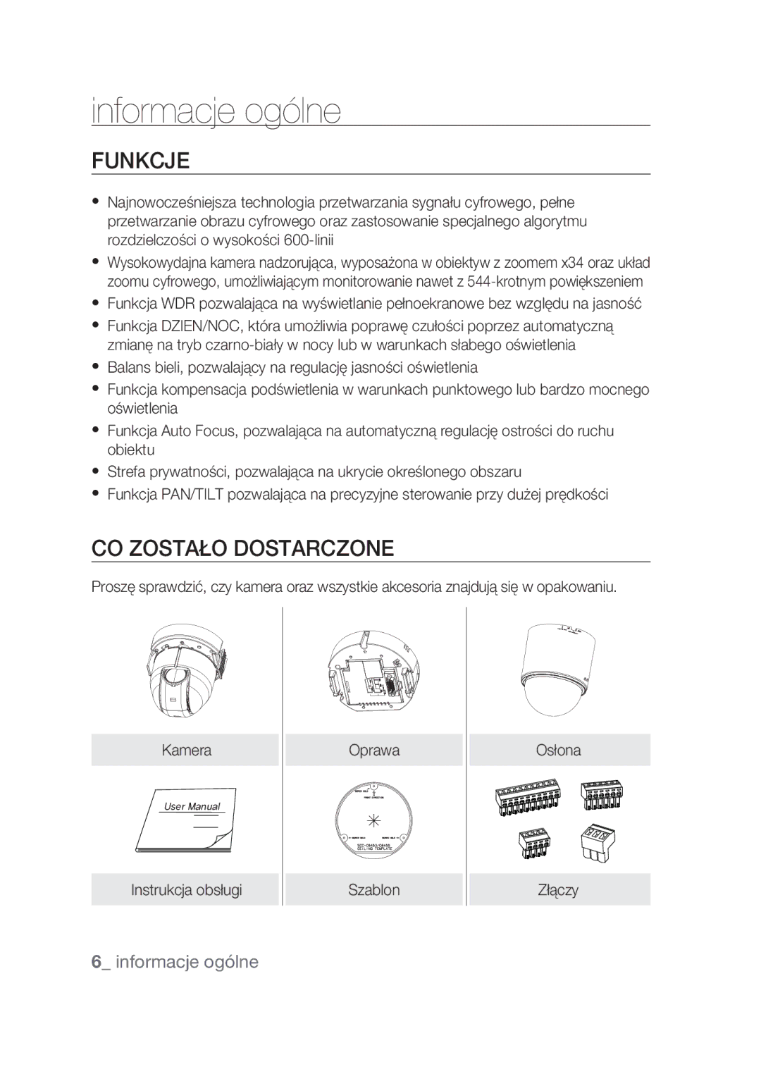 Samsung SCC-C6439P, SCC-C6439N manual Funkcje, Co zostało dostarczone 