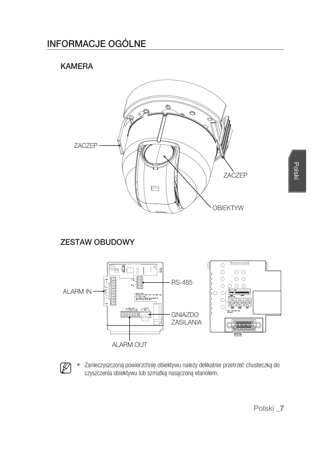 Samsung SCC-C6439N, SCC-C6439P manual Informacje ogólne, Kamera, Zestaw Obudowy, Zaczep Obiektyw, Gniazdo 