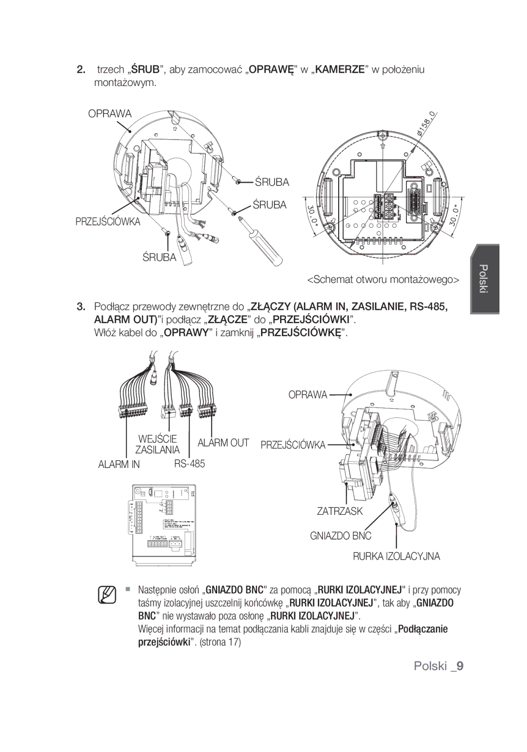 Samsung SCC-C6439N, SCC-C6439P manual Oprawa Śruba, Zatrzask Gniazdo BNC Rurka Izolacyjna 