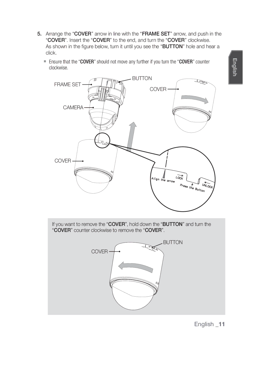 Samsung SCC-C6439N, SCC-C6439P manual English, Button Frame SET Cover Camera, Button Cover 