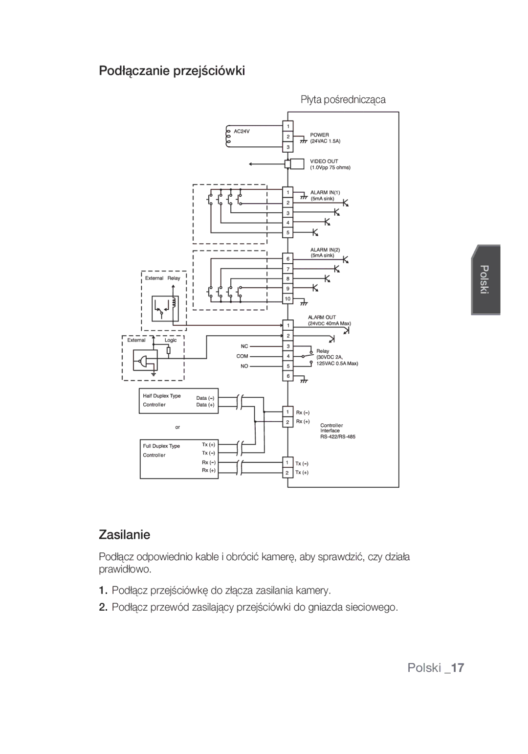 Samsung SCC-C6439N, SCC-C6439P manual Podłączanie przejściówki, Zasilanie, Płyta pośrednicząca 