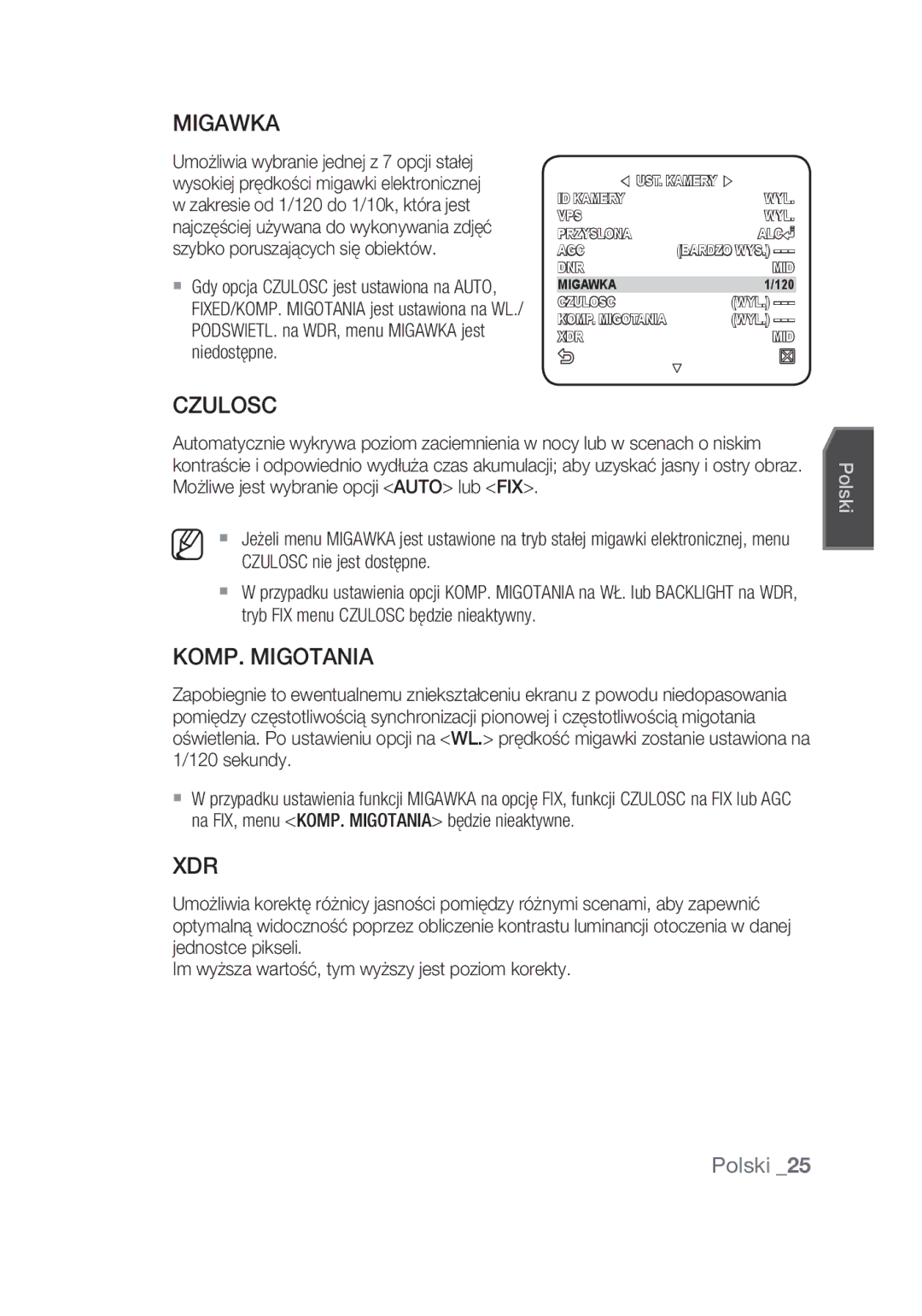 Samsung SCC-C6439N manual Migawka, KOMP. Migotania, Czulosc nie jest dostępne, Tryb FIX menu Czulosc będzie nieaktywny 