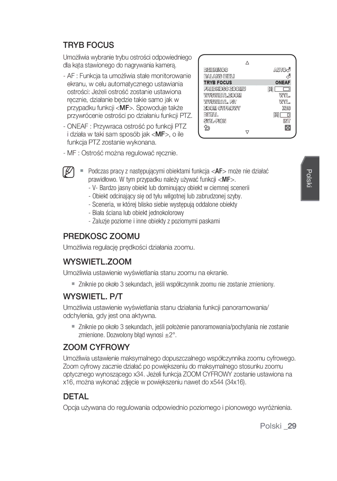 Samsung SCC-C6439N, SCC-C6439P manual Predkosc Zoomu, Wyswietl.Zoom, Wyswietl. P/T, Zoom Cyfrowy, Detal 