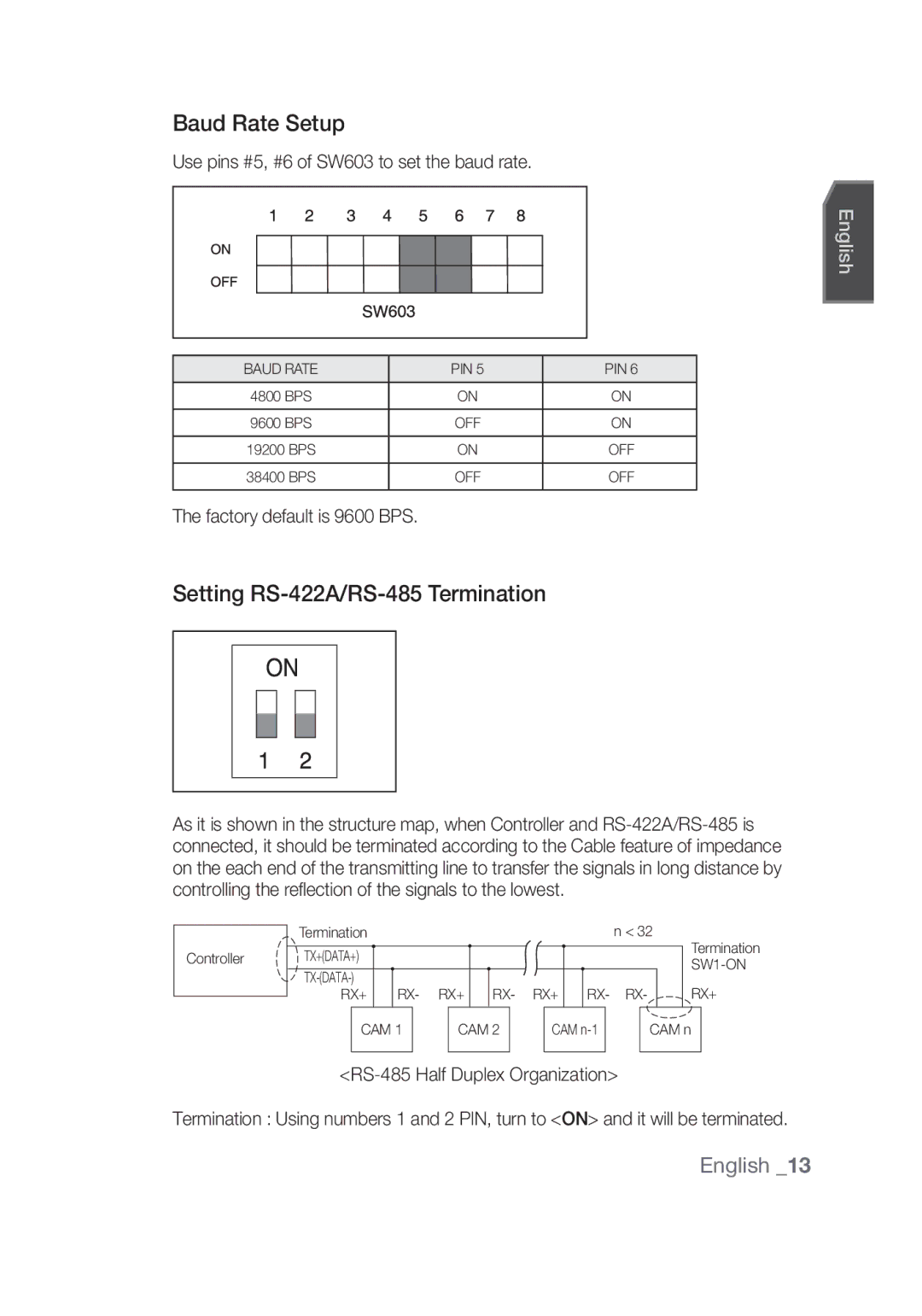 Samsung SCC-C6439N Baud Rate Setup, Setting RS-422A/RS-485 Termination, Use pins #5, #6 of SW603 to set the baud rate 