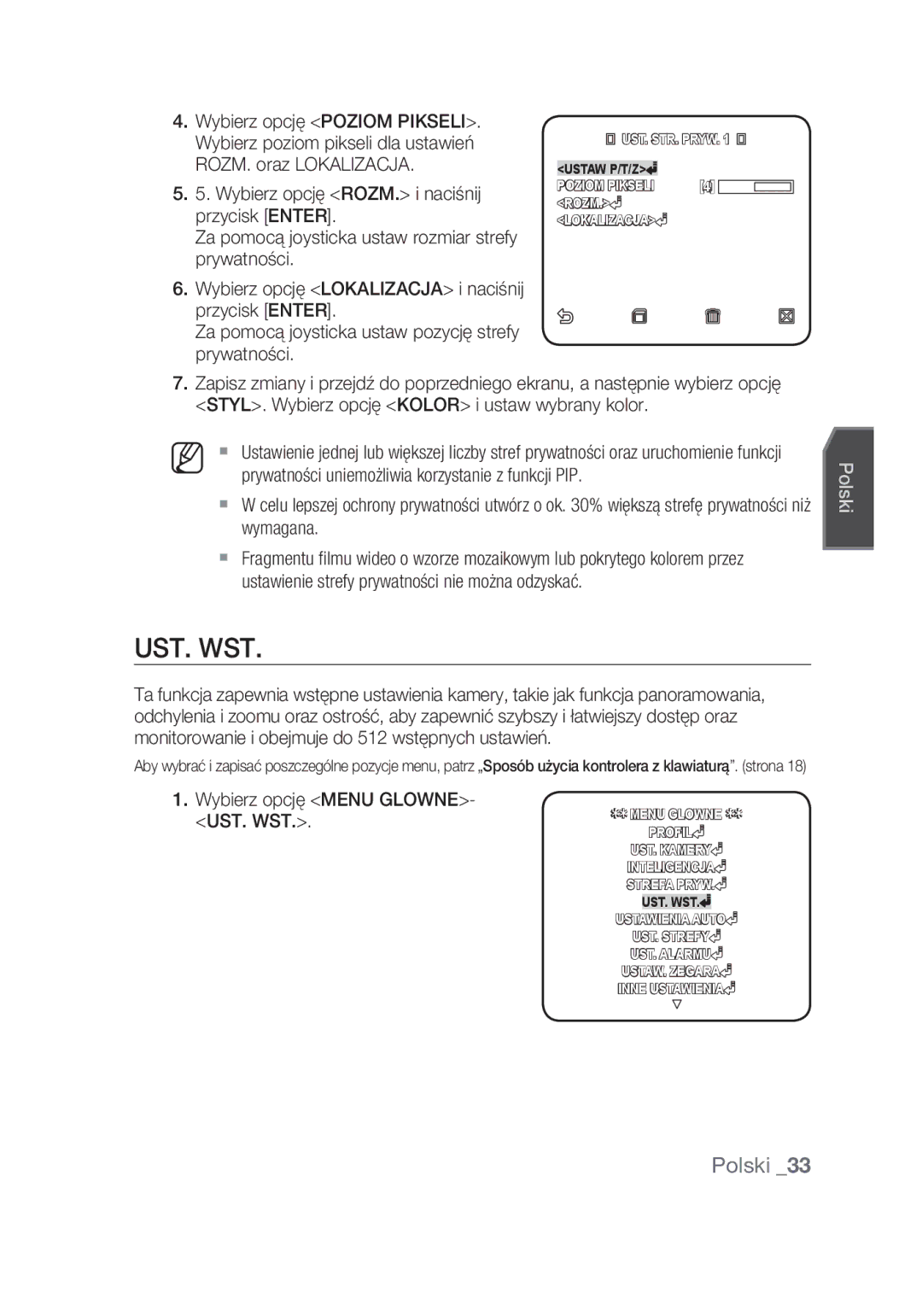 Samsung SCC-C6439N, SCC-C6439P manual Ust. Wst, Prywatności uniemożliwia korzystanie z funkcji PIP, Wymagana 