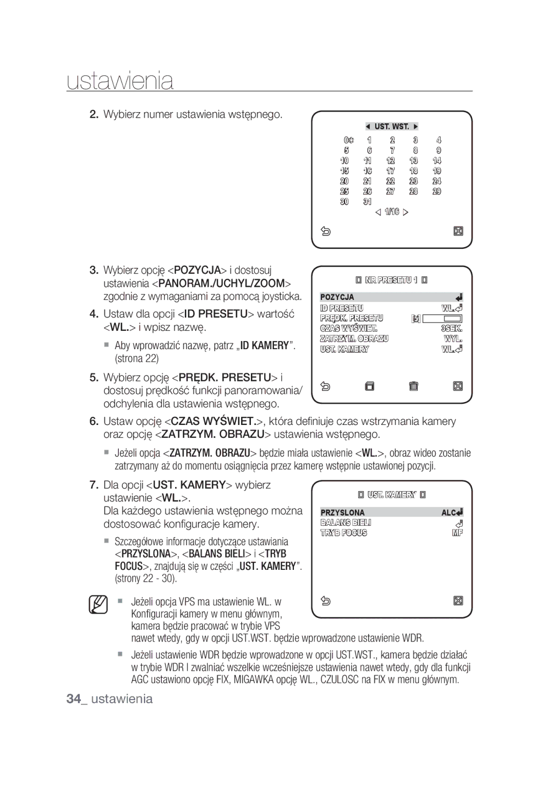 Samsung SCC-C6439P, SCC-C6439N manual Wybierz numer ustawienia wstępnego, Dla opcji UST. Kamery wybierz ustawienie WL 