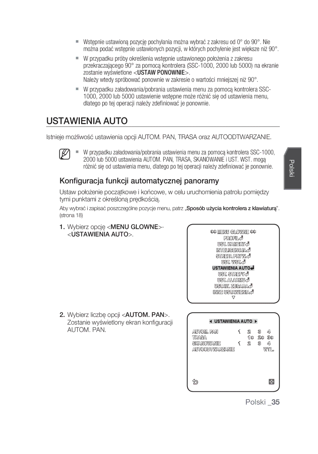 Samsung SCC-C6439N, SCC-C6439P Ustawienia Auto, Konfiguracja funkcji automatycznej panoramy, Wybierz opcję Menu Glowne 