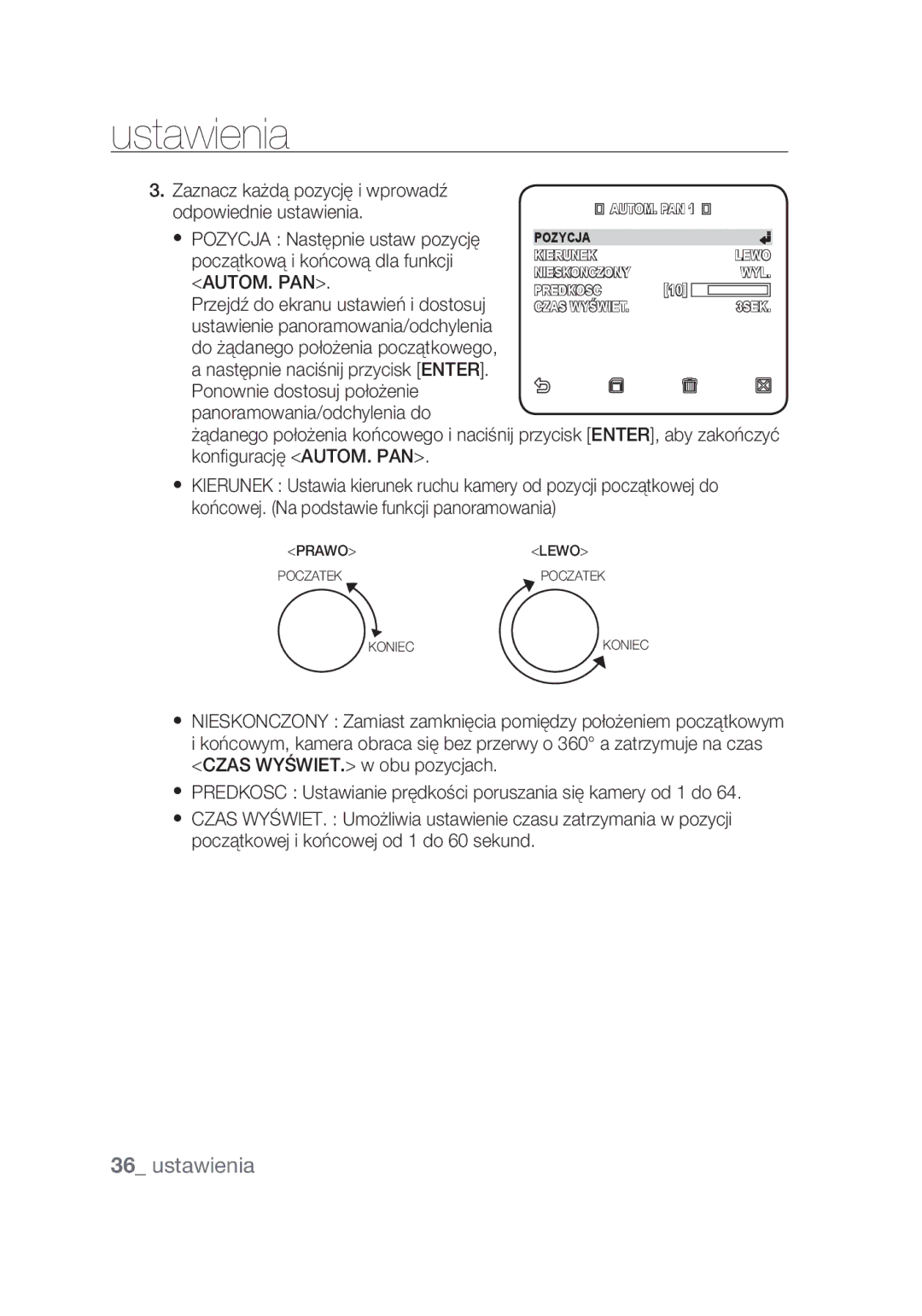 Samsung SCC-C6439P, SCC-C6439N manual  Pozycja Następnie ustaw pozycję, Początkową i końcową dla funkcji 