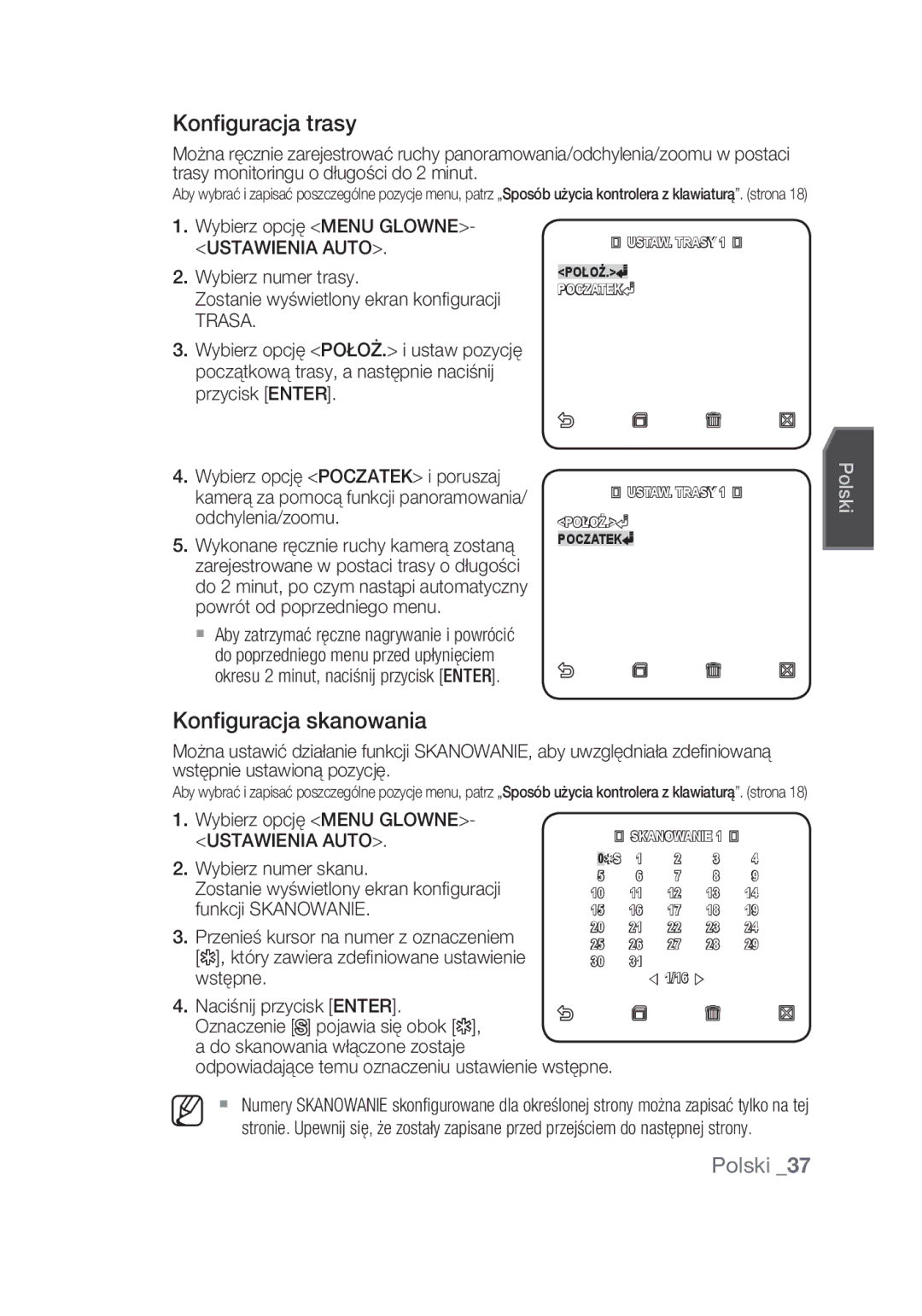 Samsung SCC-C6439N, SCC-C6439P manual Konfiguracja trasy, Konfiguracja skanowania, Ustawienia Auto, Trasa 