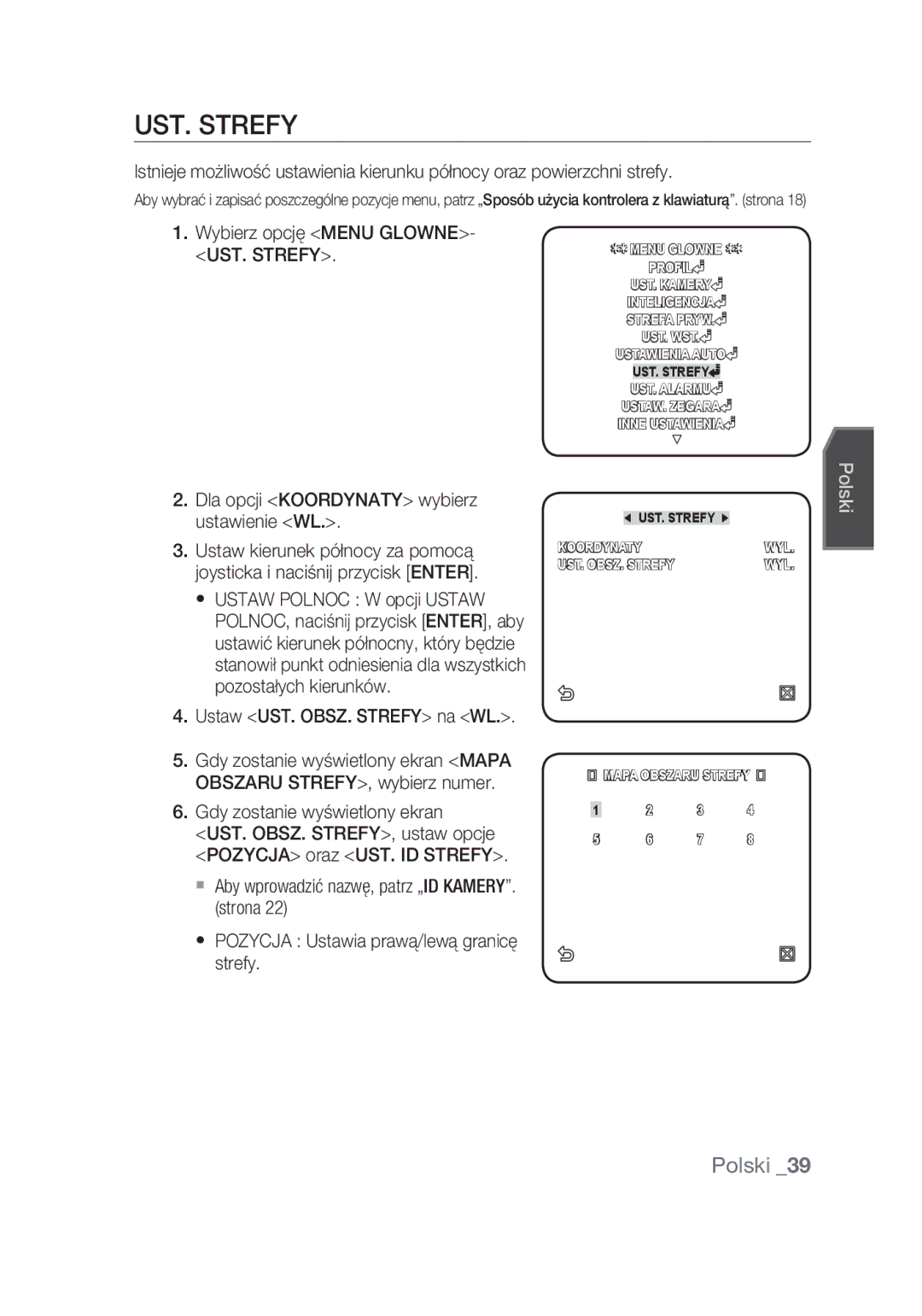 Samsung SCC-C6439N, SCC-C6439P manual UST. Strefy, Dla opcji Koordynaty wybierz ustawienie WL, Ustaw UST. OBSZ. Strefy na WL 