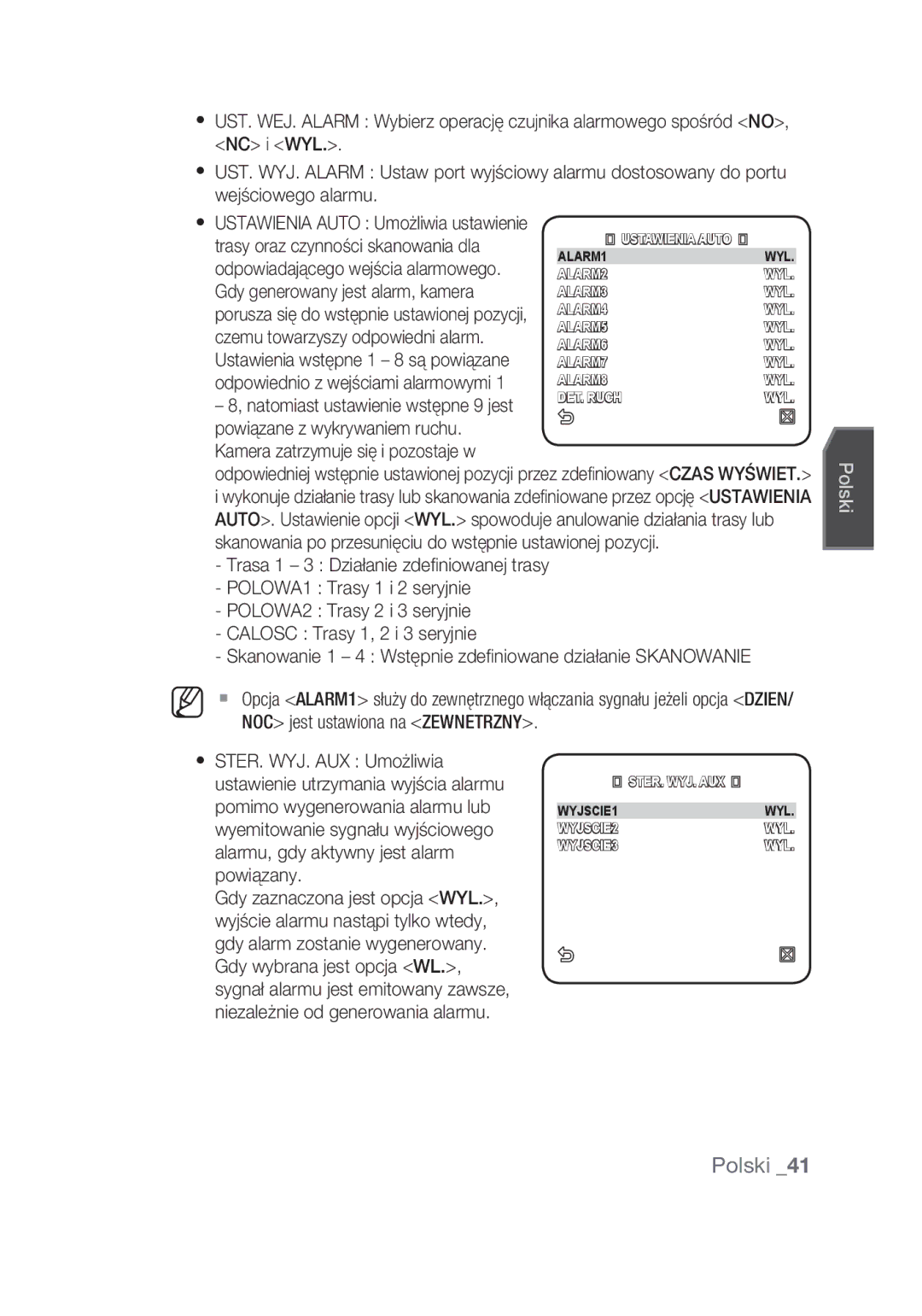 Samsung SCC-C6439N, SCC-C6439P manual Kamera zatrzymuje się i pozostaje w, NOC jest ustawiona na Zewnetrzny 