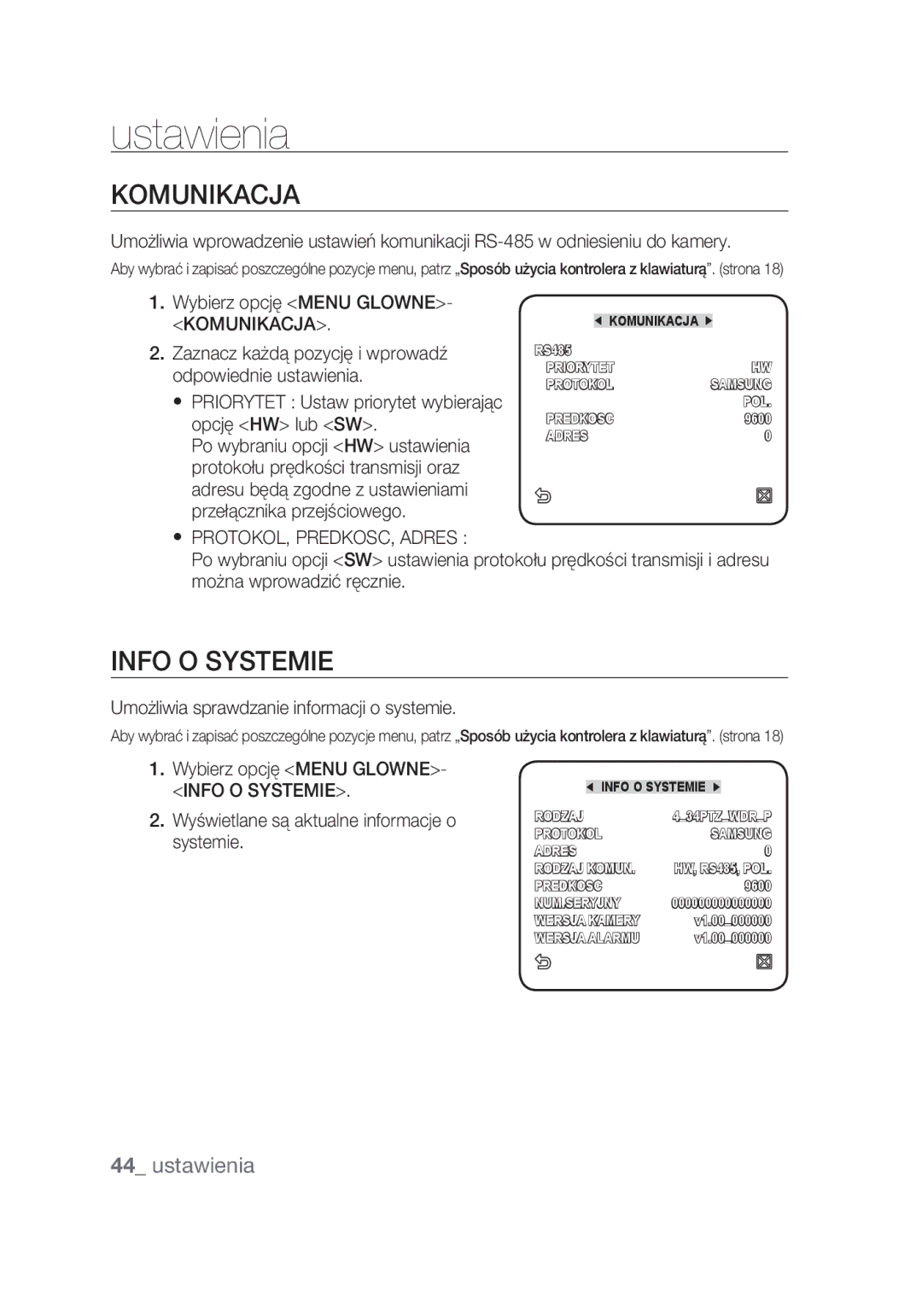 Samsung SCC-C6439P, SCC-C6439N manual Komunikacja, Info O Systemie,  PROTOKOL, PREDKOSC, Adres 