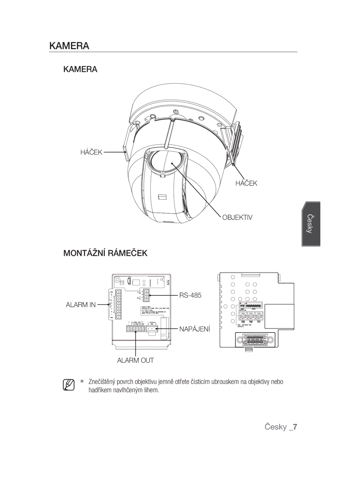 Samsung SCC-C6439N, SCC-C6439P manual Kamera, Montážní Rámeček, Háček Objektiv, Hadříkem navlhčeným lihem 