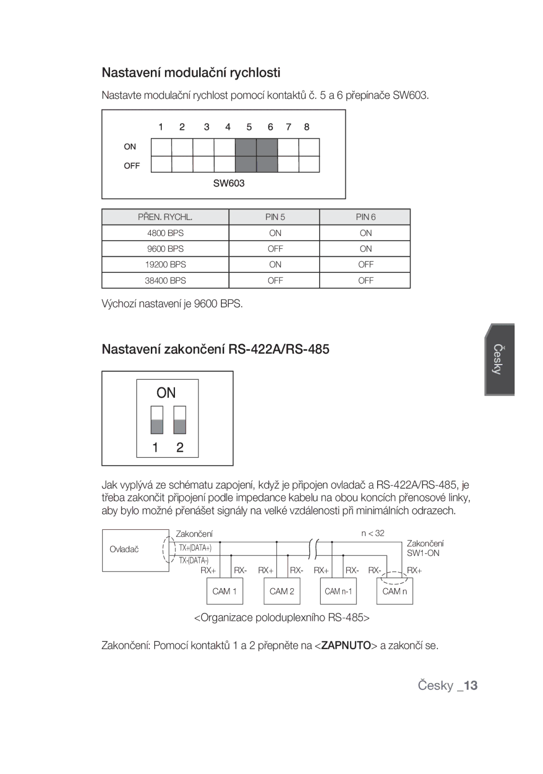 Samsung SCC-C6439N manual Nastavení modulační rychlosti, Nastavení zakončení RS-422A/RS-485, Výchozí nastavení je 9600 BPS 